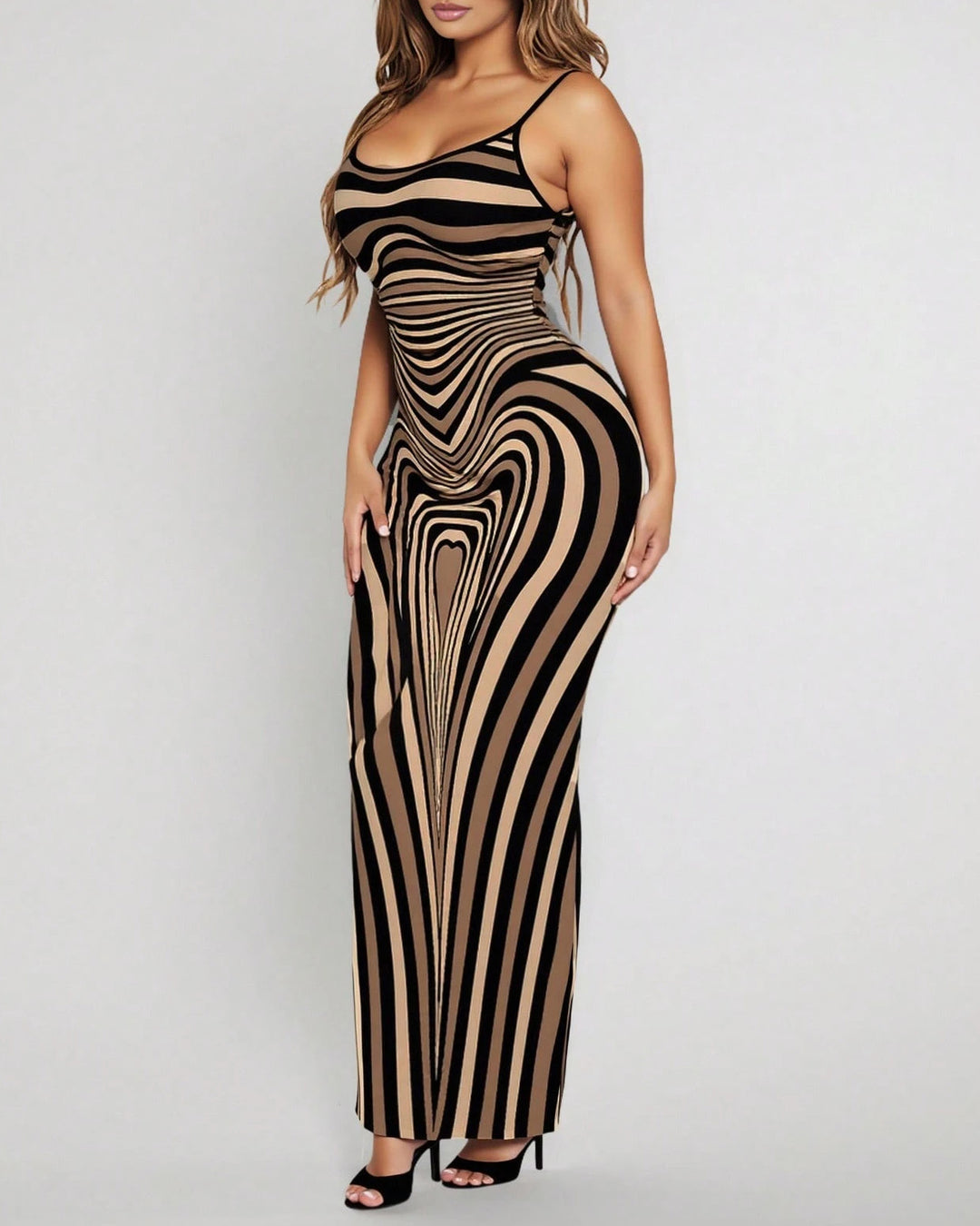 Sexy Color-blocked Wavy Stripes Print Spaghetti Strap Bodycon Maxi Dress