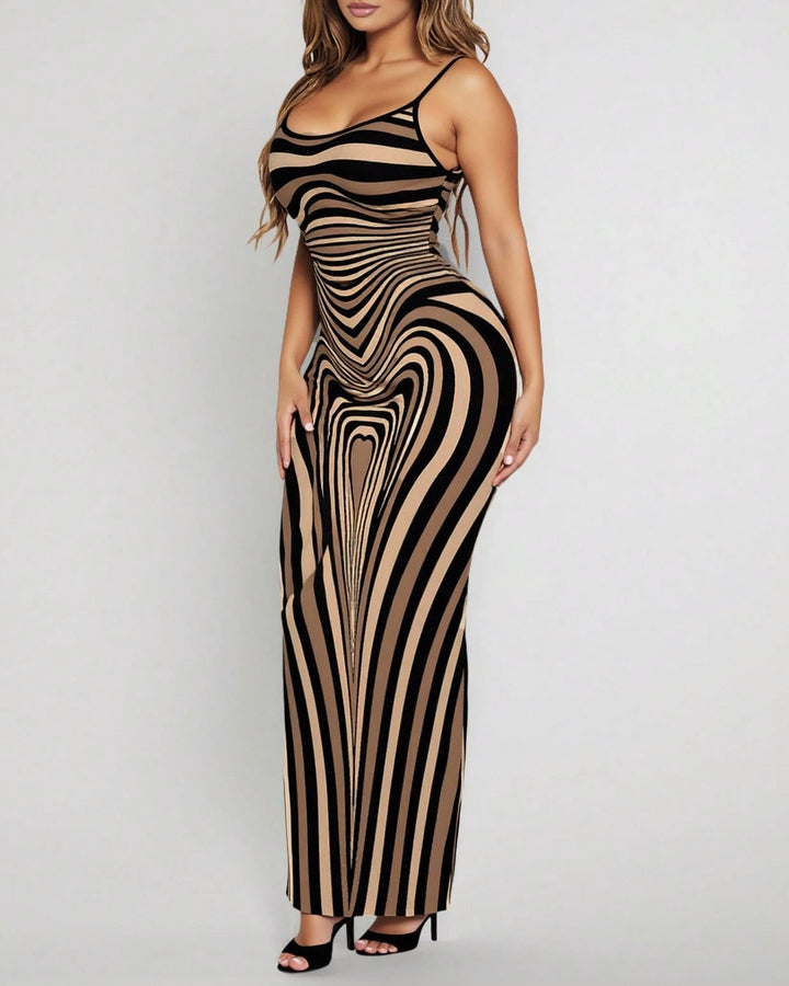 Sexy Color-blocked Wavy Stripes Print Spaghetti Strap Bodycon Maxi Dress