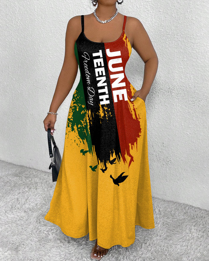 Juneteenth Graffiti Print Suspenders Maxi Dress