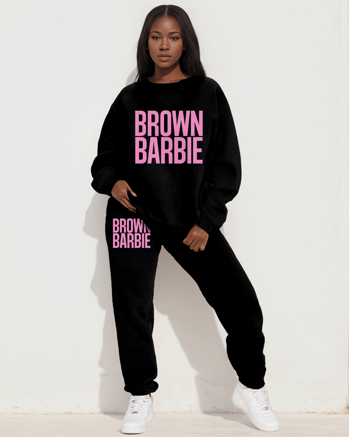 Colorblock Brown Barbie Print Long Sleeve Sweatshirt Two Pieces Set