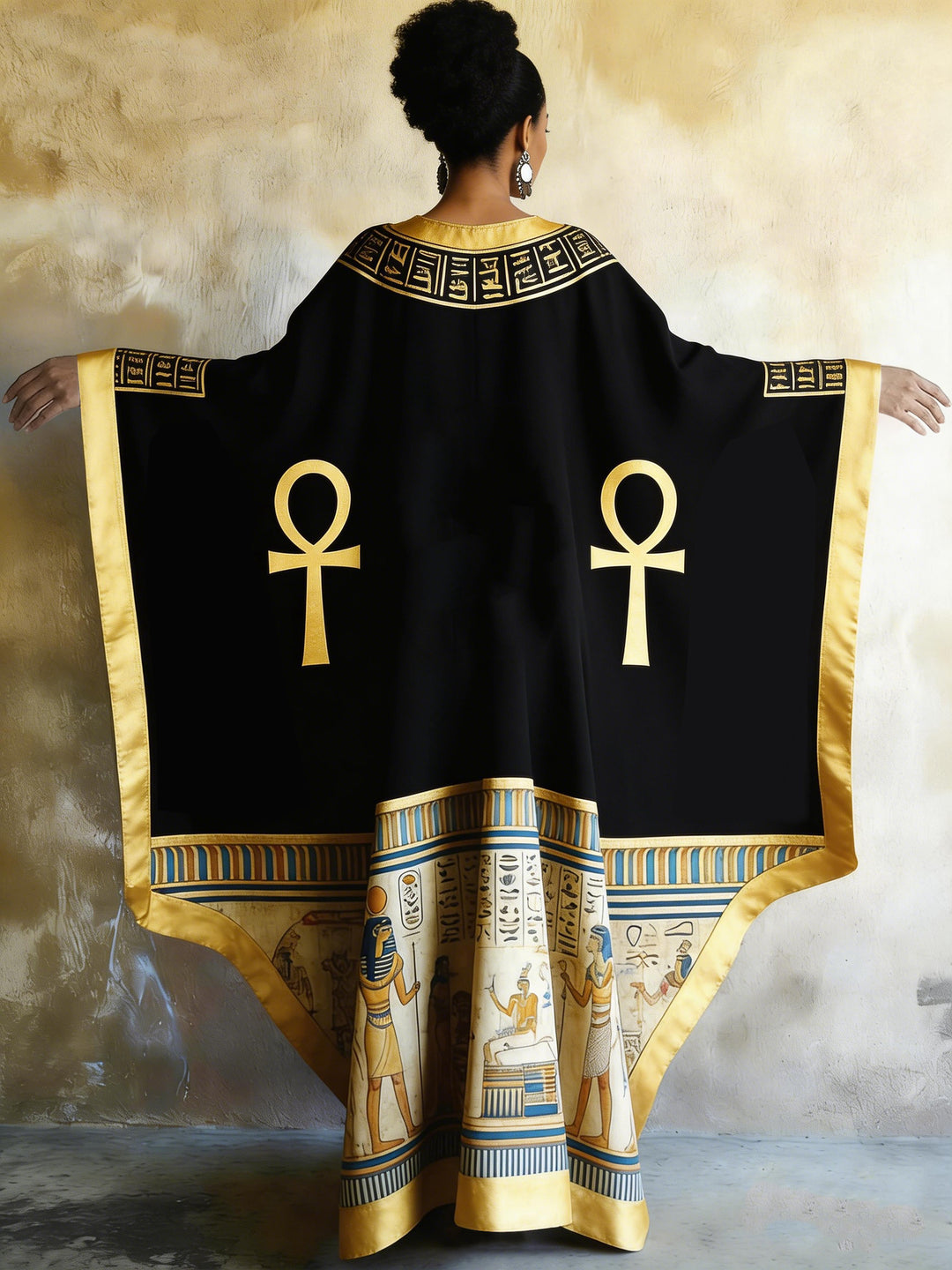 Vintage Ankh Ancient Egyptian V-neck Long Kaftan Dress
