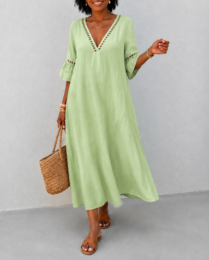 V-neck Solid Color Cotton and Linen Hollow-out Patchwork Dress