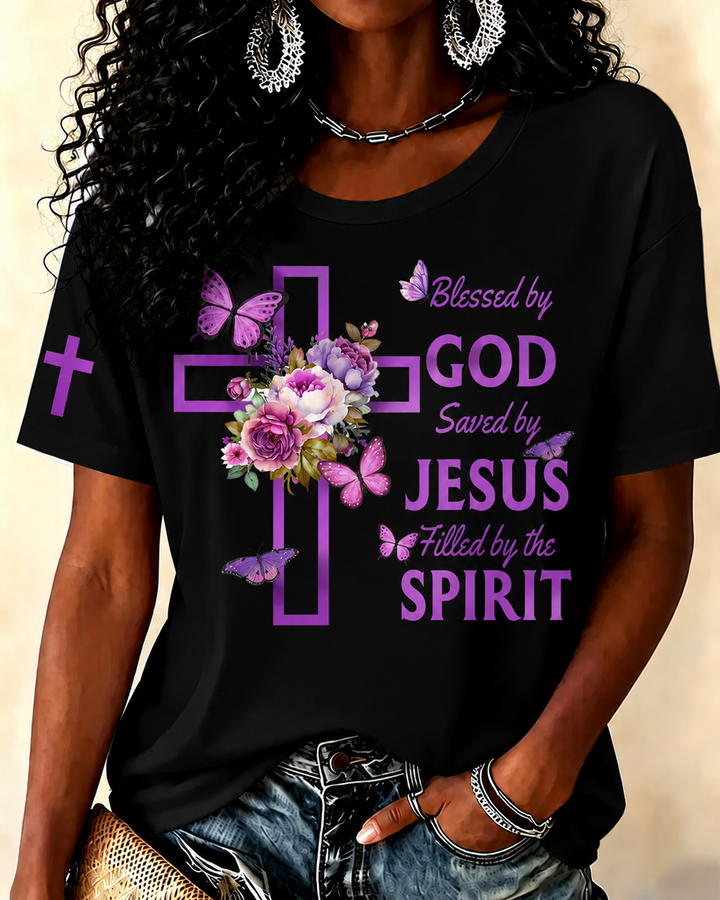 100% Cotton Blessed By God Saved By Jesus Crew Neck Short Sleeve Tshirt