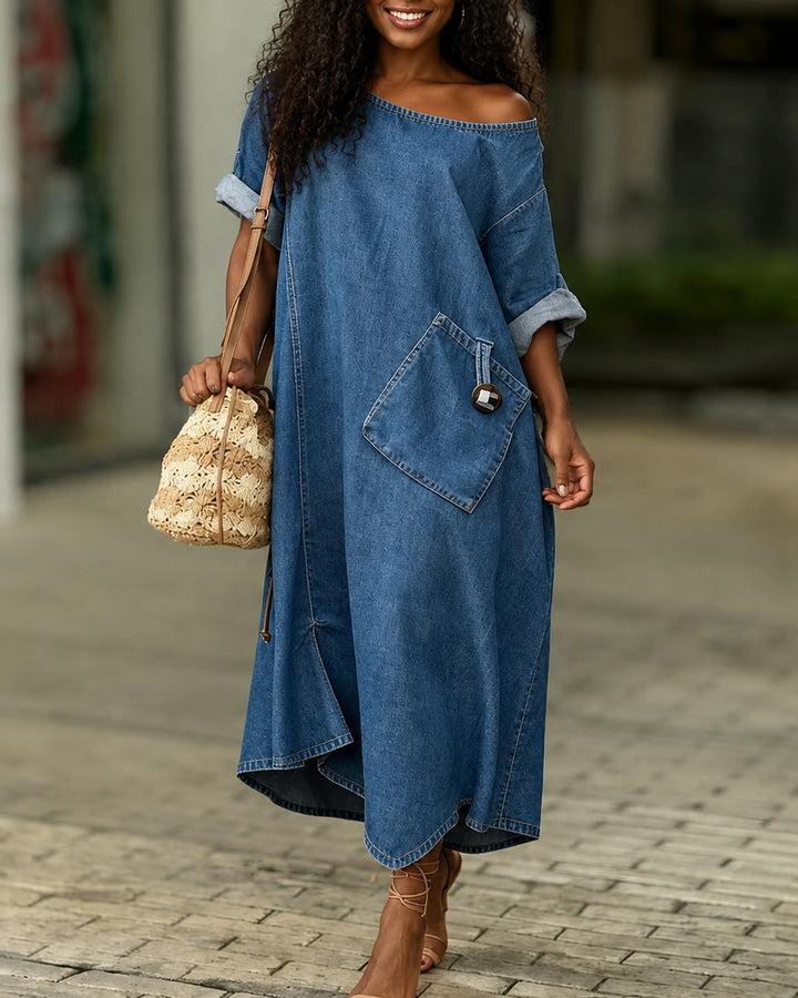 Round Neck Mid-Sleeve Casual Denim Dress with Pockets
