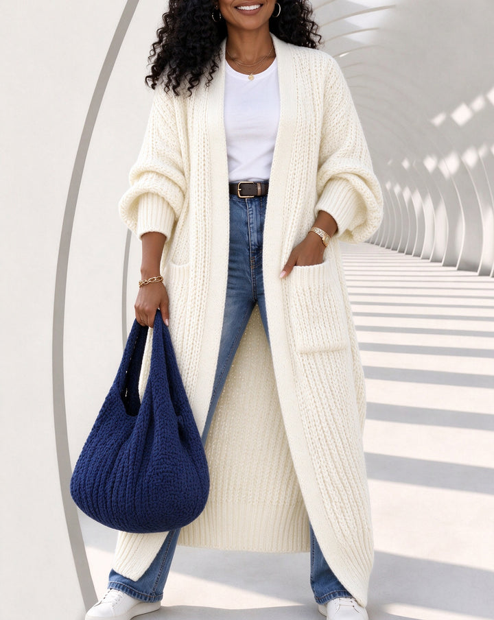 Women's Chunky Knit Open Front Oversized Lantern Sleeve Long Cardigan