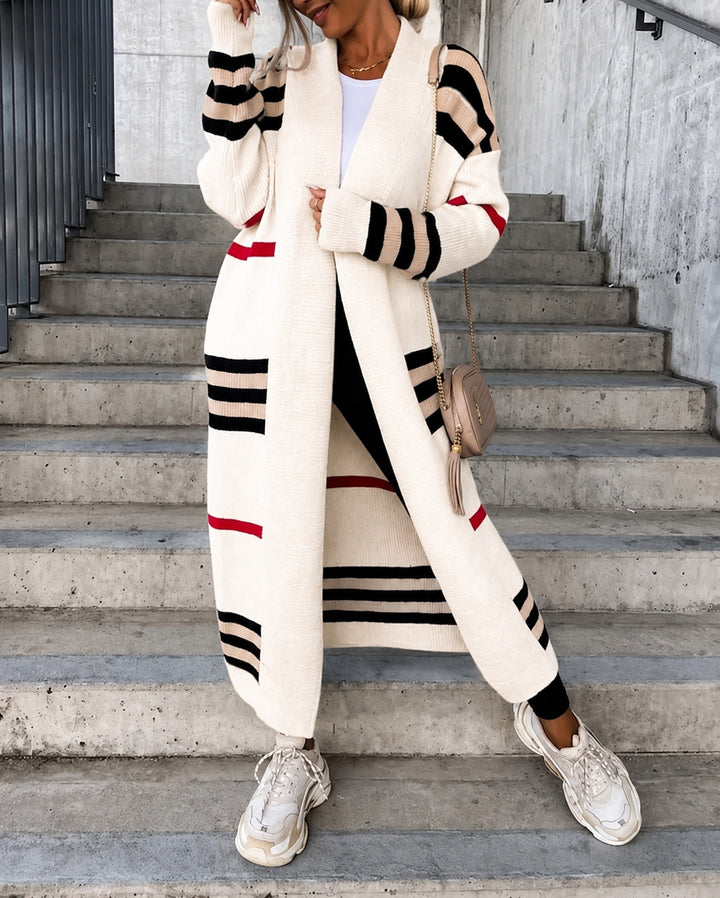 Color Block Striped Open Front Long Knit Cardigan