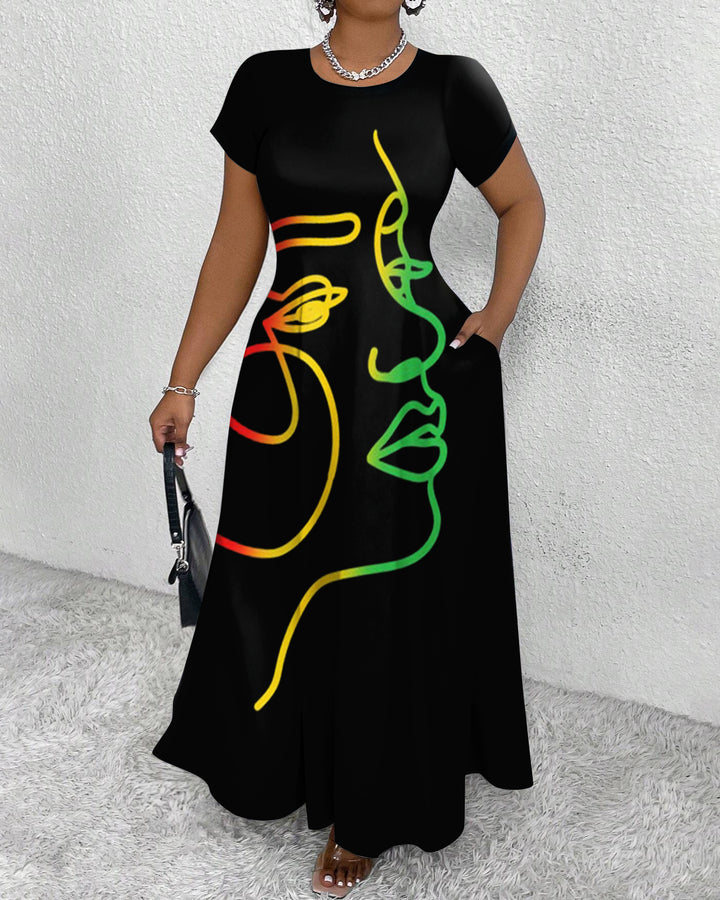 Face Abstract Juneteenth Art Round Neck Short Sleeve Maxi Dress