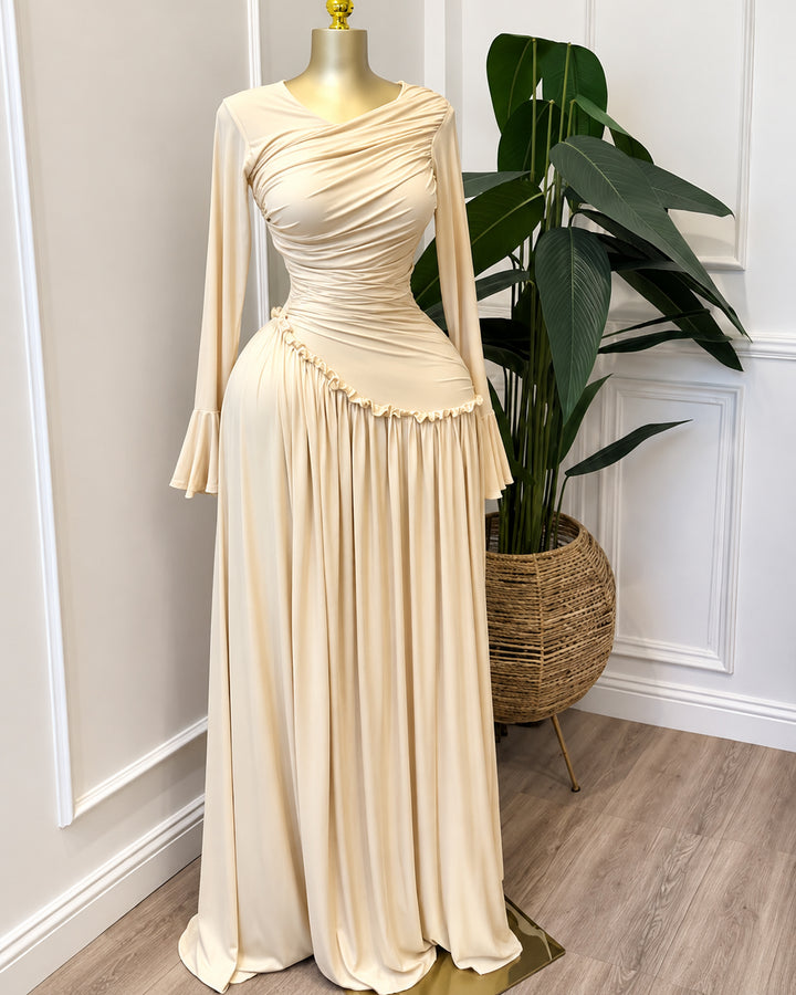 Women's Elegant Long Sleeve Flared Cuff Ruffled Hem Maxi Dress
