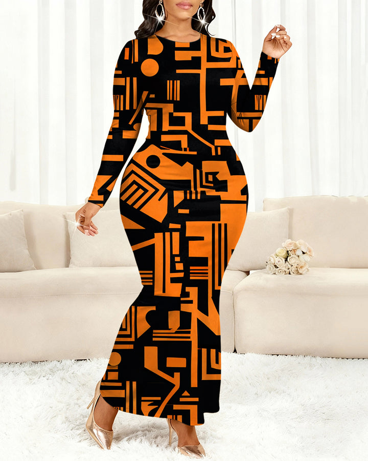 Orange Totem Stripes Round Neck Long Sleeve Bodycon Dress