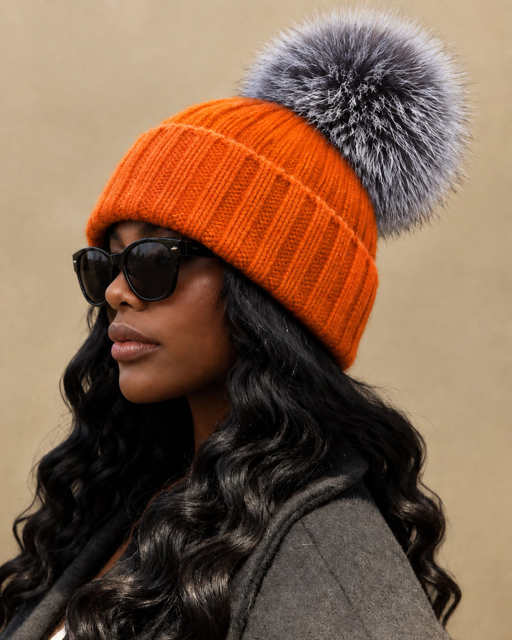 Women Ribbed Knit Beanie Hat with Large Faux Fur Pom Pom