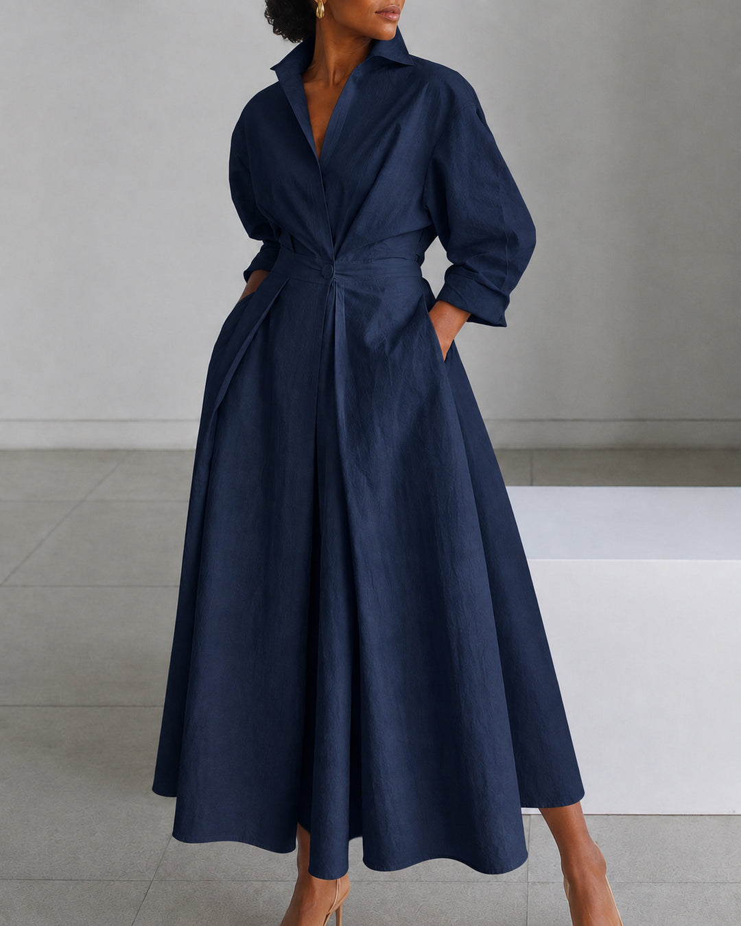 Women's Modest  Long Sleeve Pocket-Equipped Midi Dress