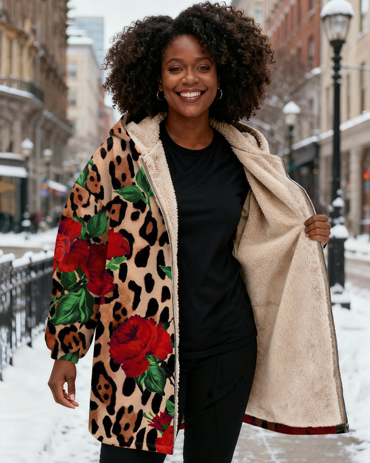 Leopard Print Rose Print Long Sleeve Zip-Up Fleece Long Hoodies