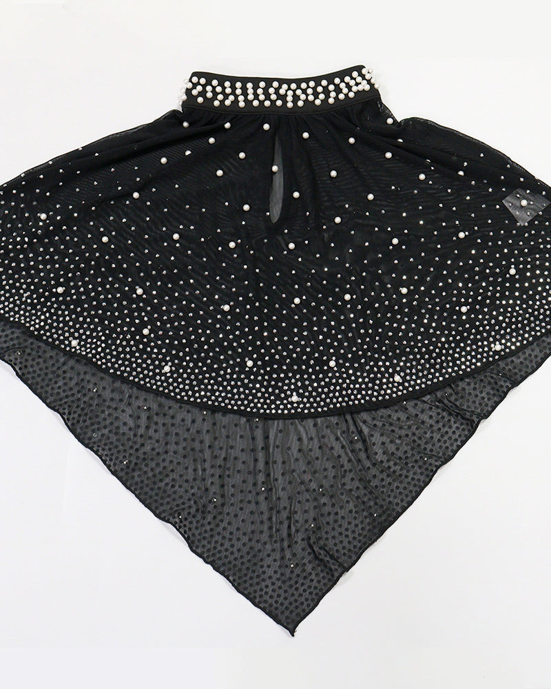 Rhinestone Beaded Sheer Cape Mock Neck Bodycon Formal Party Dress