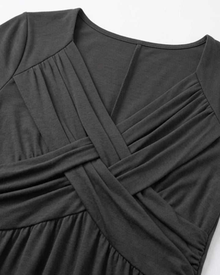 Rossover V-Neck Midi Dress with Pockets