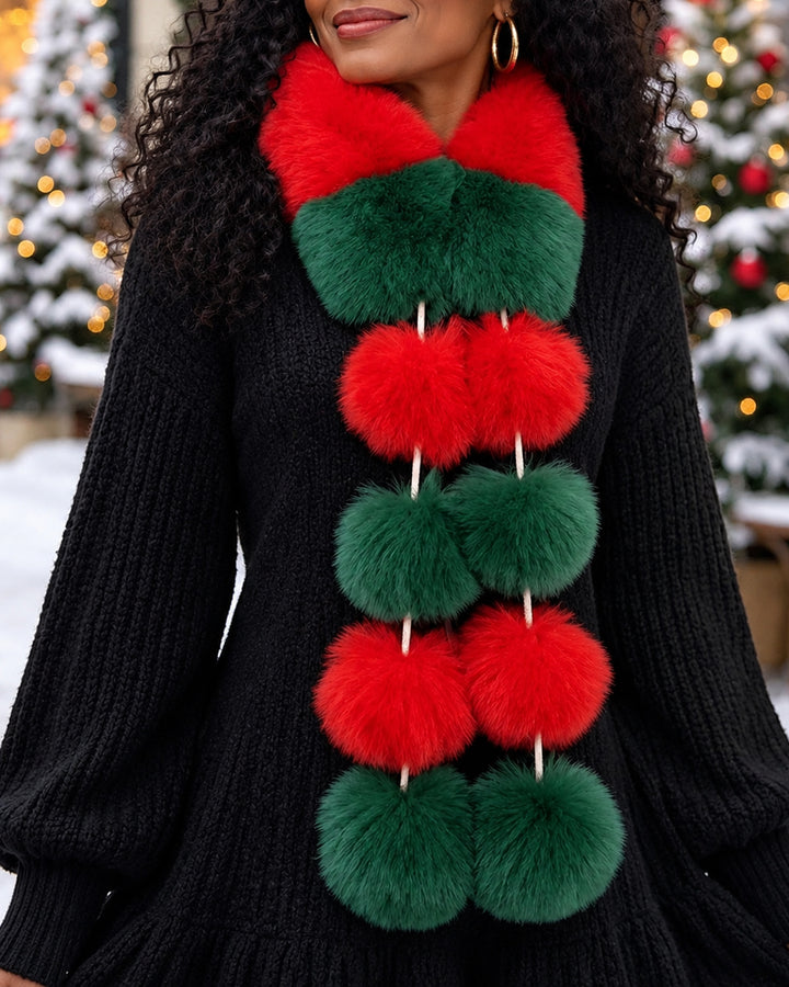 Women's Color Block Faux Fur Scarf with Pom Poms
