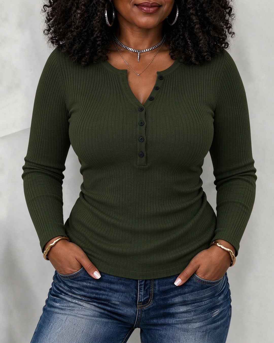 Women's Ribbed Long Sleeve Henley Top