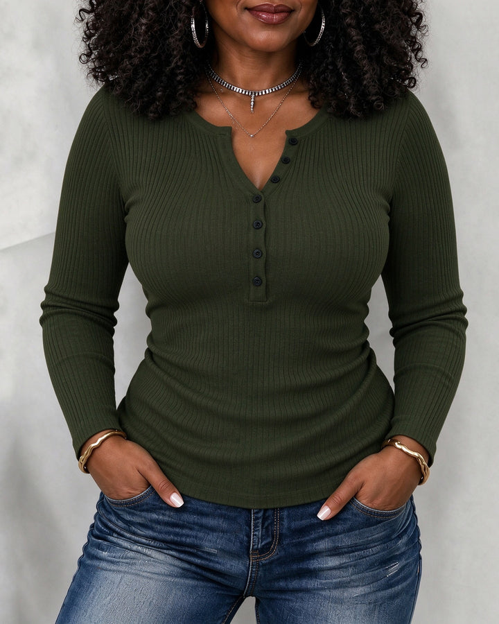 Women's Ribbed Long Sleeve Henley Top