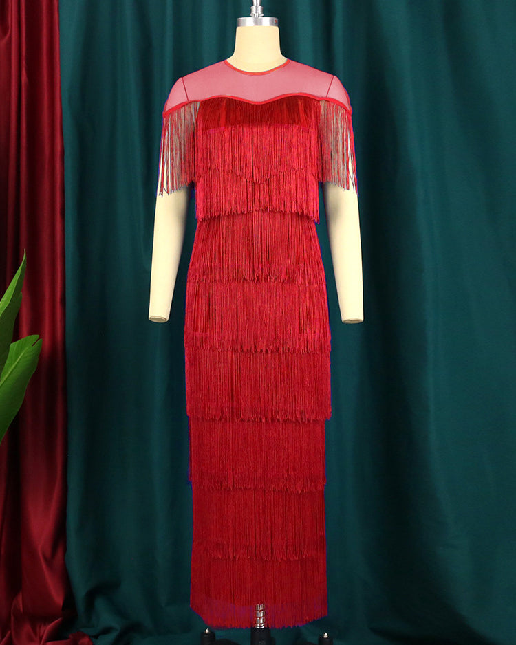 Plus Size Women Mesh Neck Tiered Fringe Midi Dress