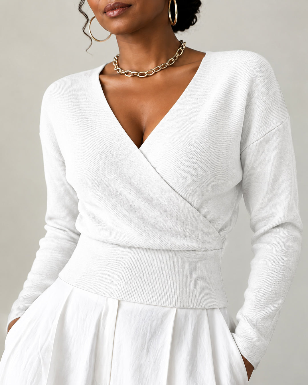 Women's Wrap V Neck Ribbed Knit Top