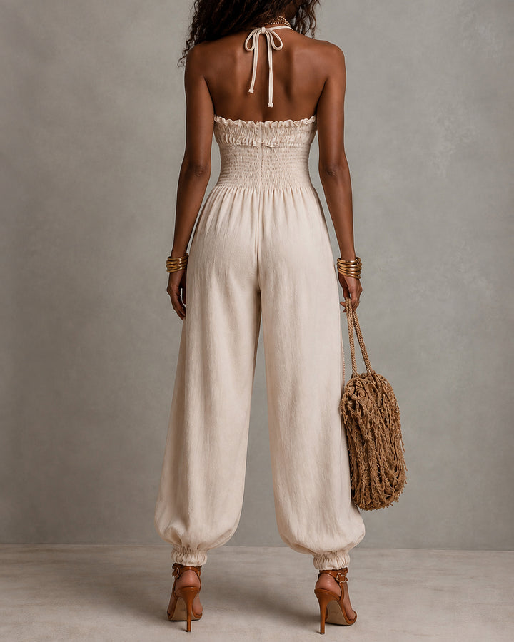 Bohemian Lace-trimmed Linen Blend Backless Jumpsuit