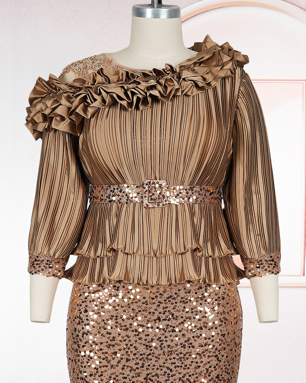 Plus‑Size Pleated Ruffle Peplum Sequin Maxi Dress