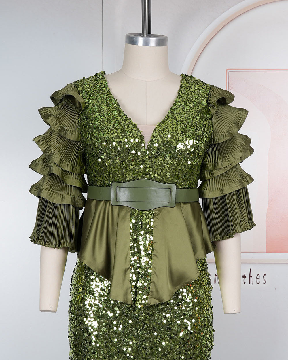 Plus Size Sequin Deep V Multi‑Layer Ruffle Sleeve Peplum Slit Maxi Evening Gown