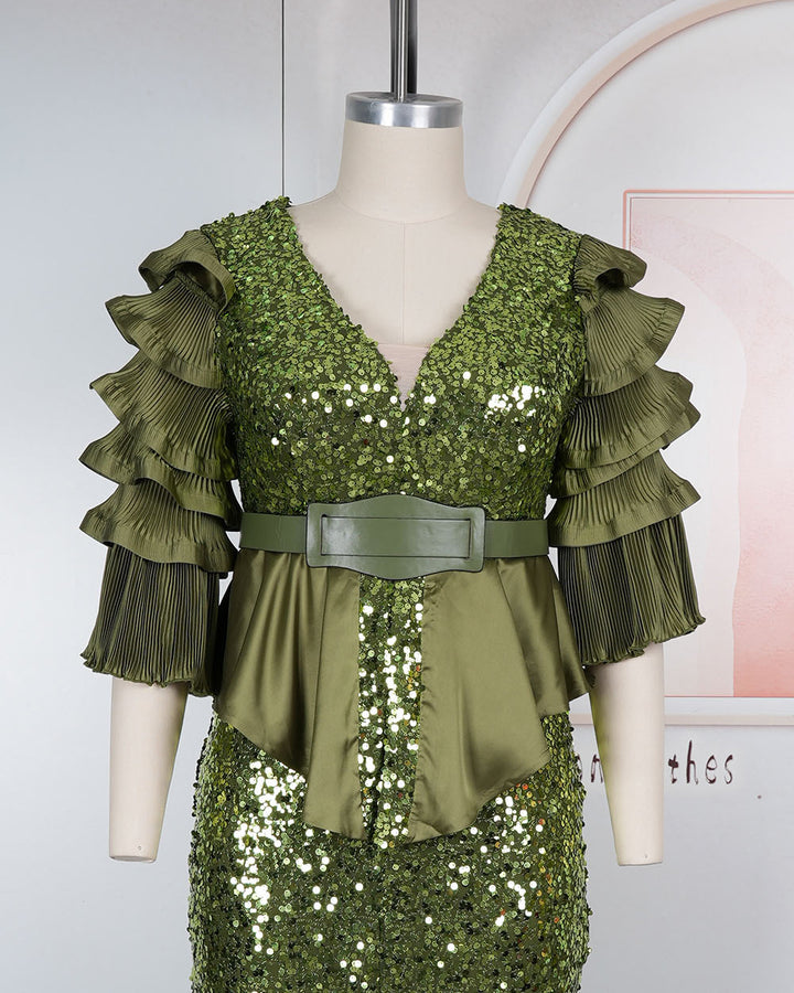 Plus Size Sequin Deep V Multi‑Layer Ruffle Sleeve Peplum Slit Maxi Evening Gown