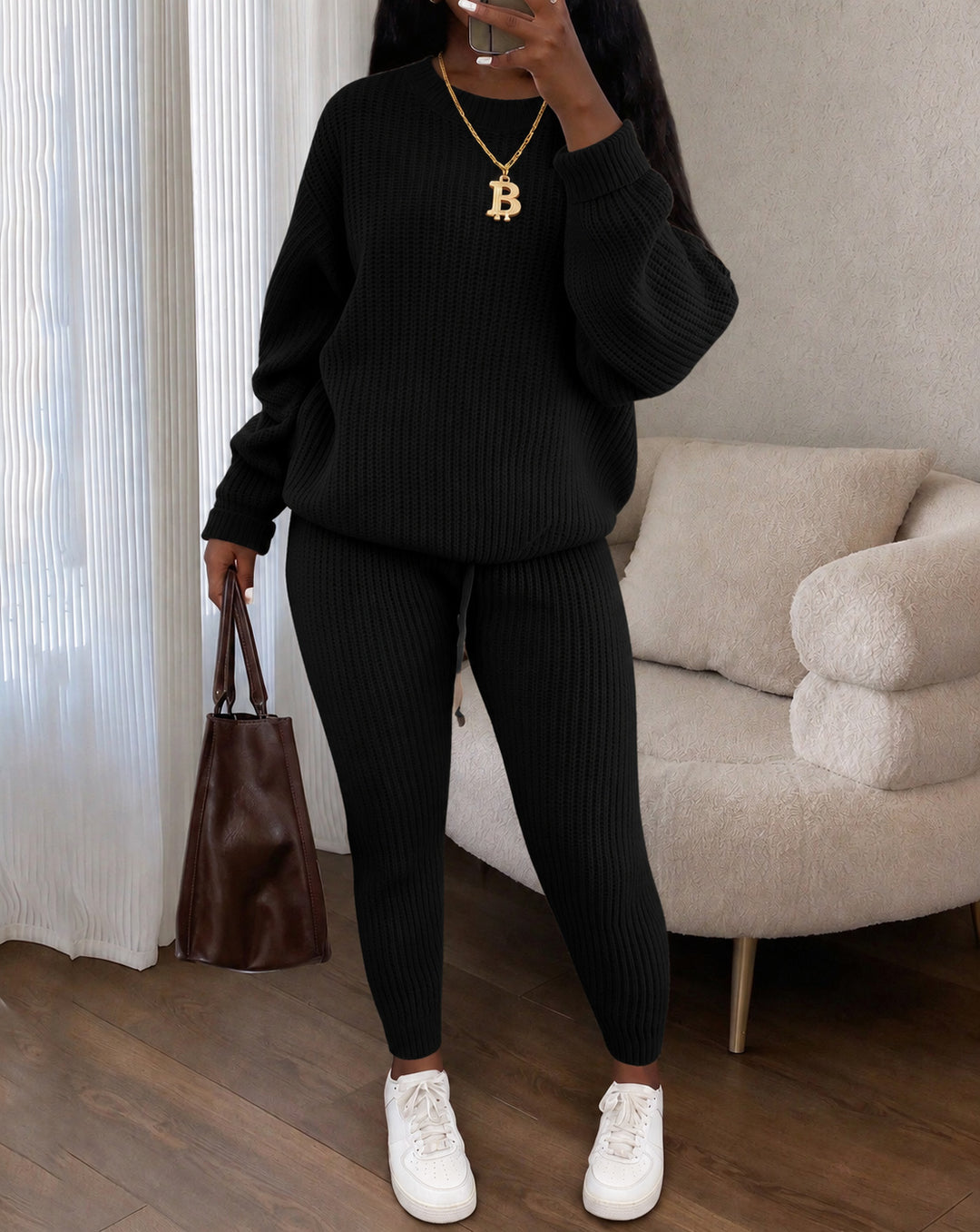 Women's Crew Neck Long Sleeve Oversized Ribbed Knit 2 Piece Outfit Set