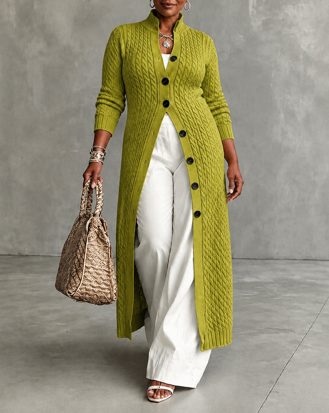 Women's Cable Stand Collar Long Sleeve Button Front Knit Maxi Cardigan