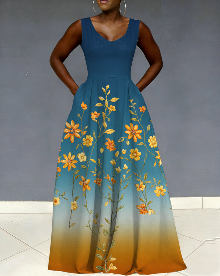 V Neck Gradient Flower Print Sleeveless Pocket Maxi Dress