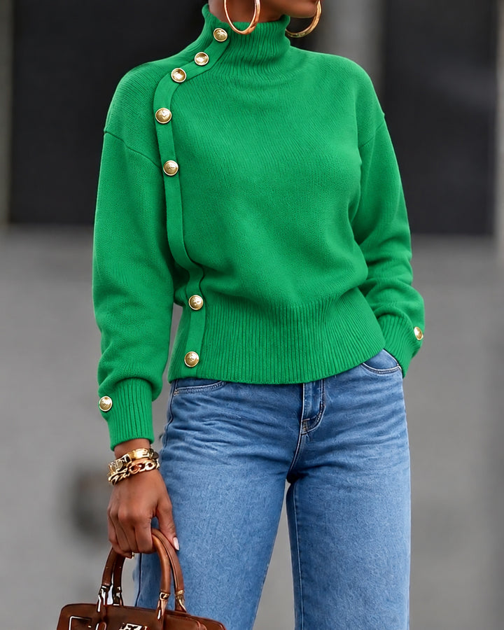 Women's Turtleneck Long Sleeve Asymmetrical Gold Button Knit Sweater
