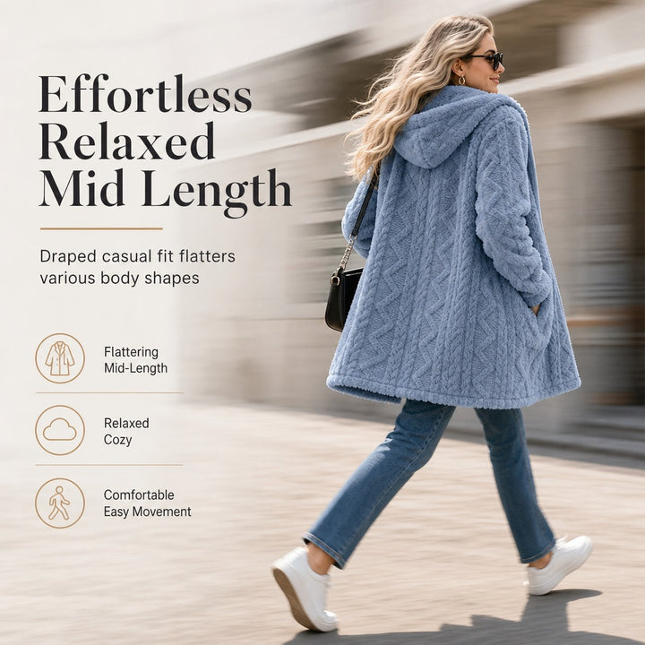 Women's Hooded Sherpa Fleece Full Zip Cable Textured Jacket