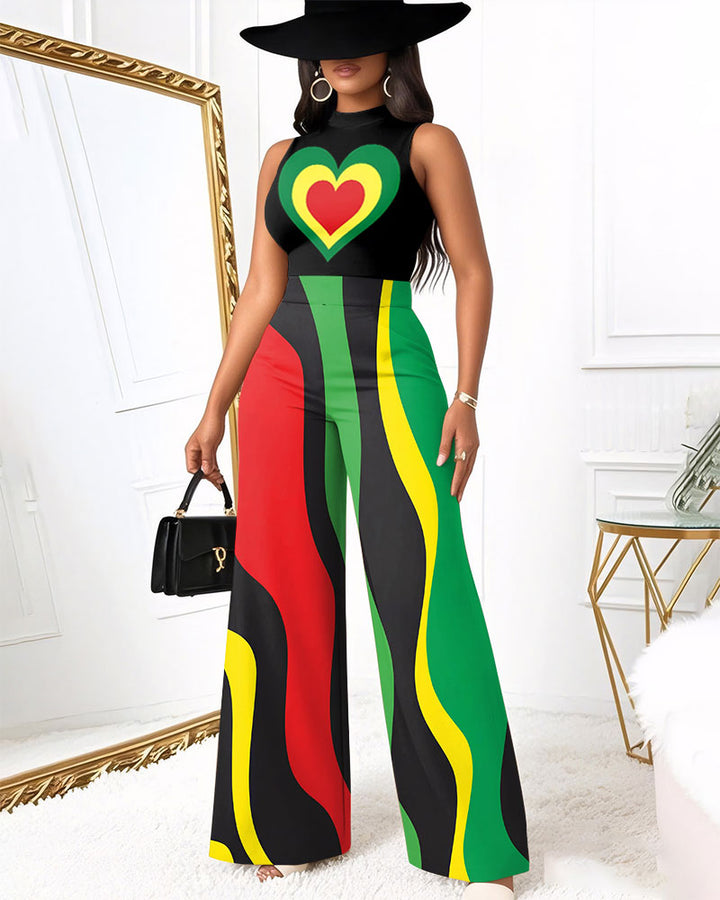 Reggae-colored Heart Stripes Wide Leg Jumpsuit
