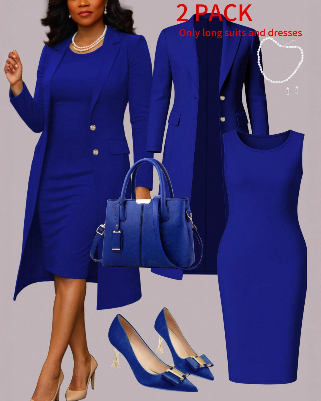 Women 2 Piece Outfit: Long Blazer Coat + Sleeveless Midi Bodycon Dress