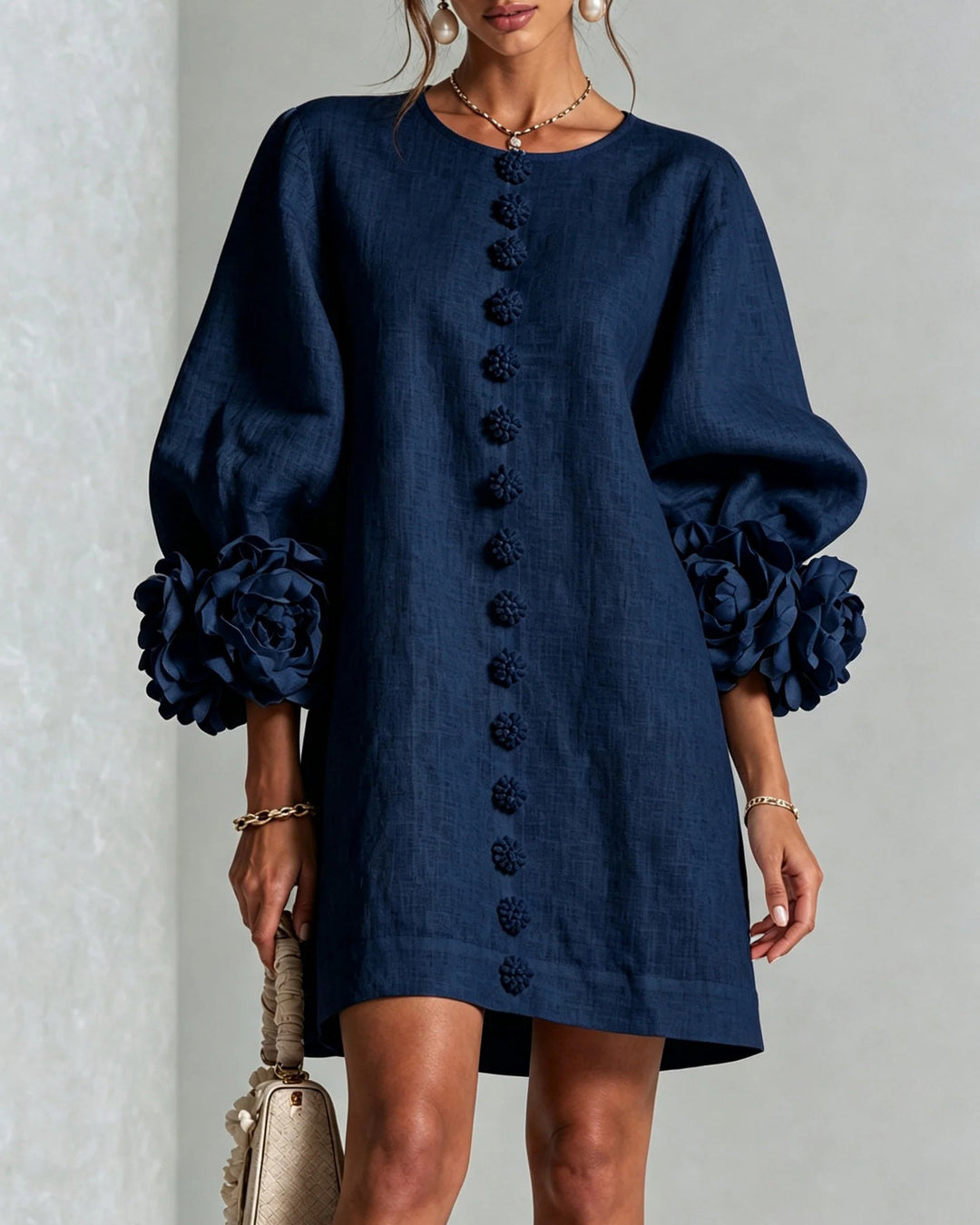 Linen Blend Flowers Button Down Floral Cuffs Half Sleeve Mini Dress