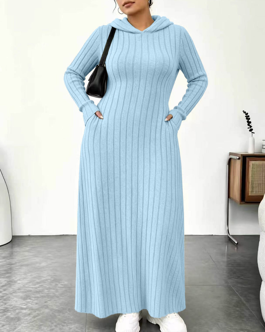 Plus Size Ribbed Hooded Pockets Maxi Dress