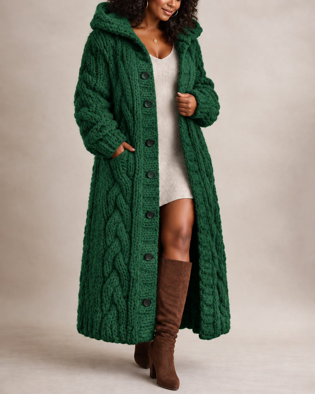 Women's Chunky Cable Knit Oversized Long Sleeve Button Down Hooded Cardigan