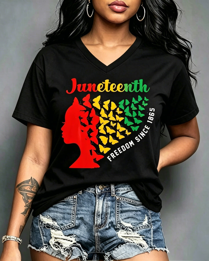 100% Cotton Juneteenth Black Women Freedom Since 1865 V Neck Short Sleeve Tshirt
