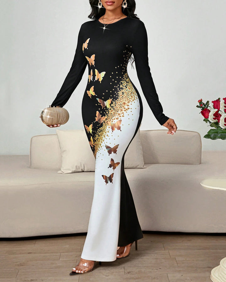 Butterfly Sparkling Black And White Patchwork Round Neck Long Sleeve Bodycon Dress