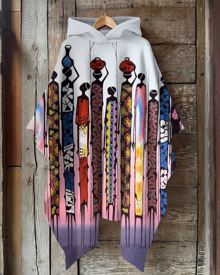 Retro Tribal Print Hooded Warm Shawl Cape