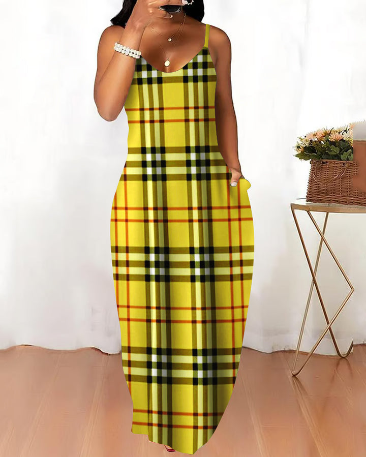 Sling Yellow Classic Plaid Pocket Maxi Dress