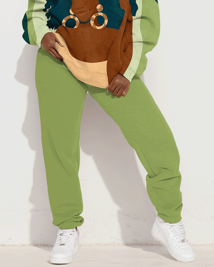 Afro Girl with Earrings Print Long Sleeve Sweatshirt Two Pieces Set