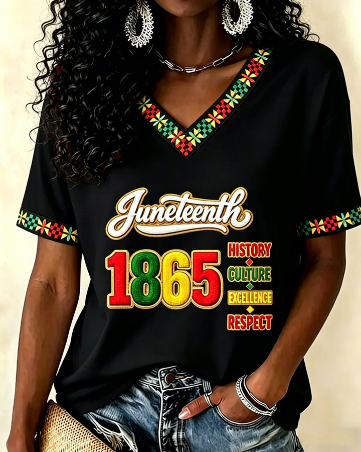 Juneteenth Remember The Past Print V-neck Short Sleeve Tshirt