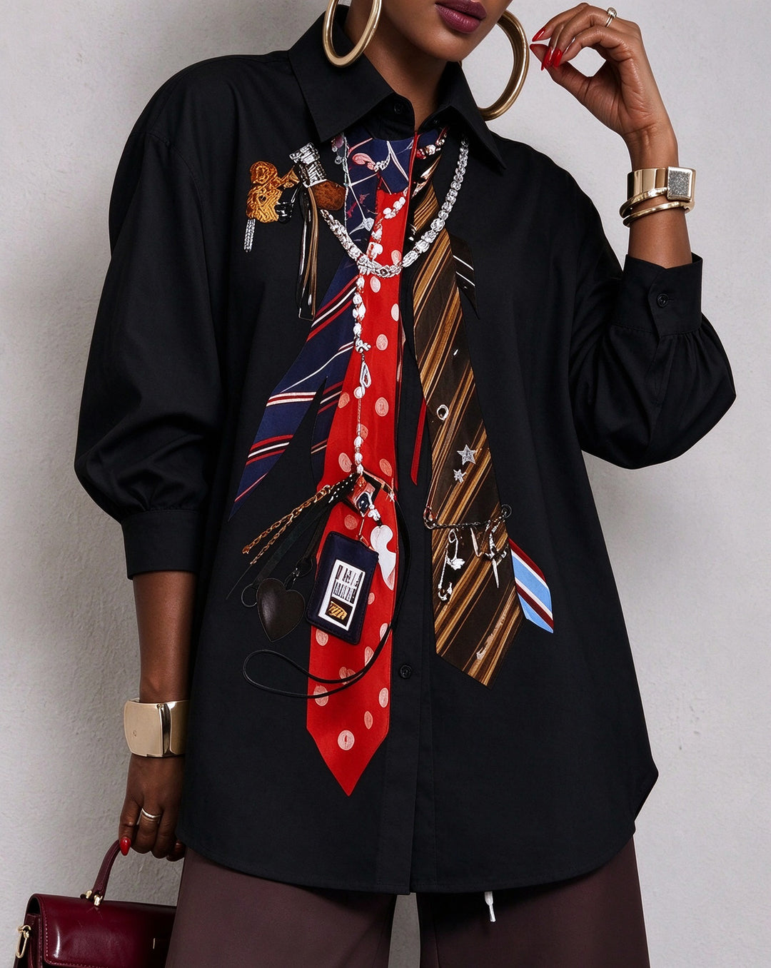 Loose Three-Quarter Sleeves Buttoned Contrast Color Printed Split-Joint Lapel Blouses&Shirts Tops