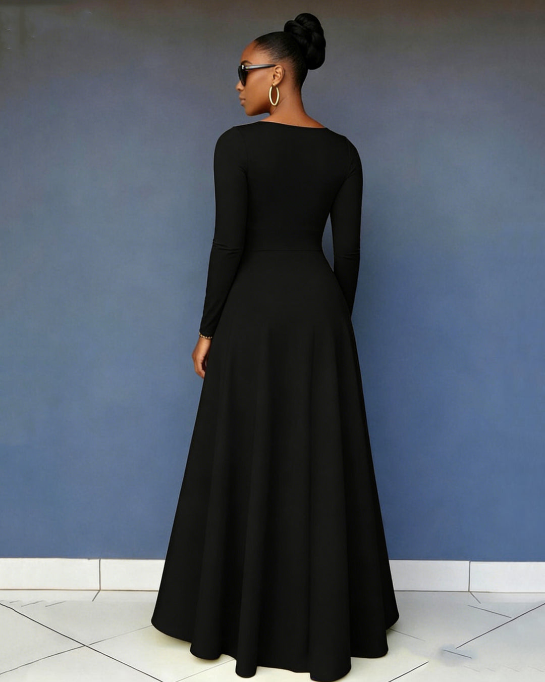 V-Neck African Map Reggae Color Splicing Long-Sleeved Pocket Maxi Dress