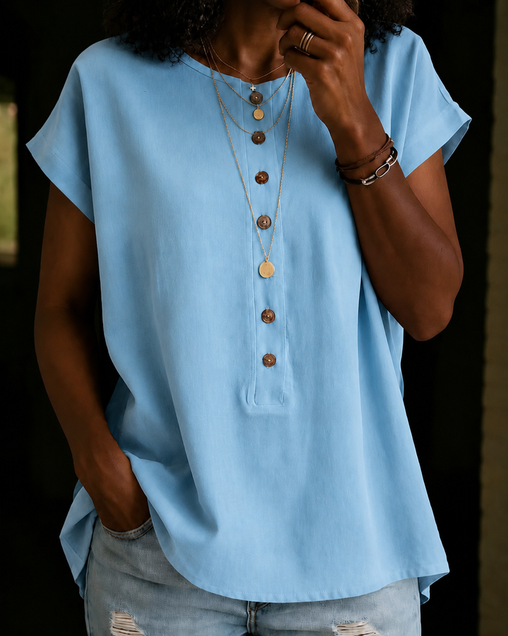 Round Neck Short-sleeved Button-down Solid Color Top