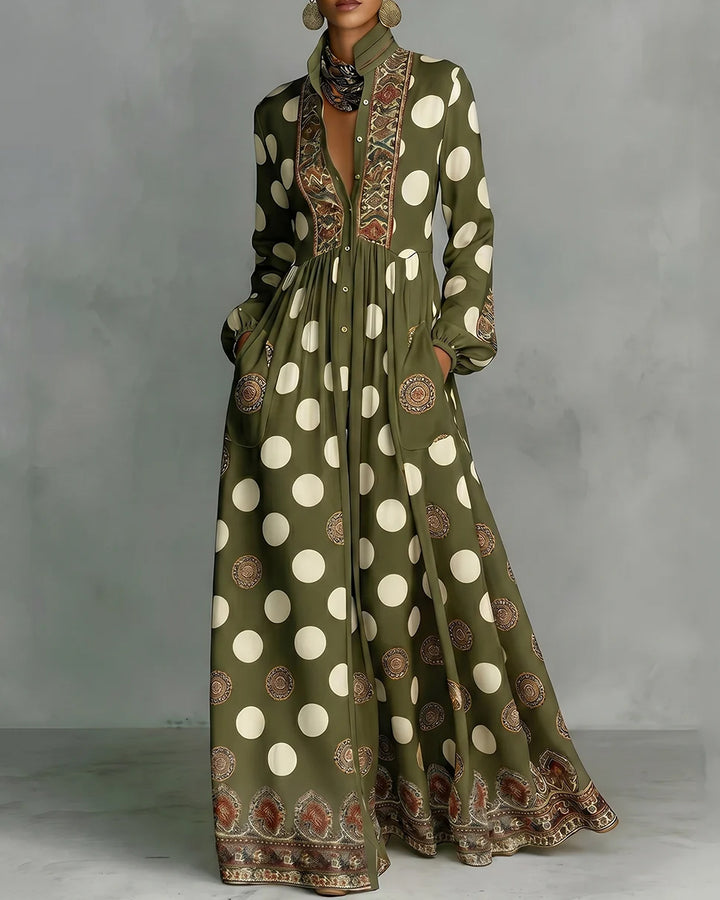 High Waisted Long Sleeves Big Hemline Buttoned Contrast Color Pleated Pockets Polka-Dot Stand Collar Maxi Dresses