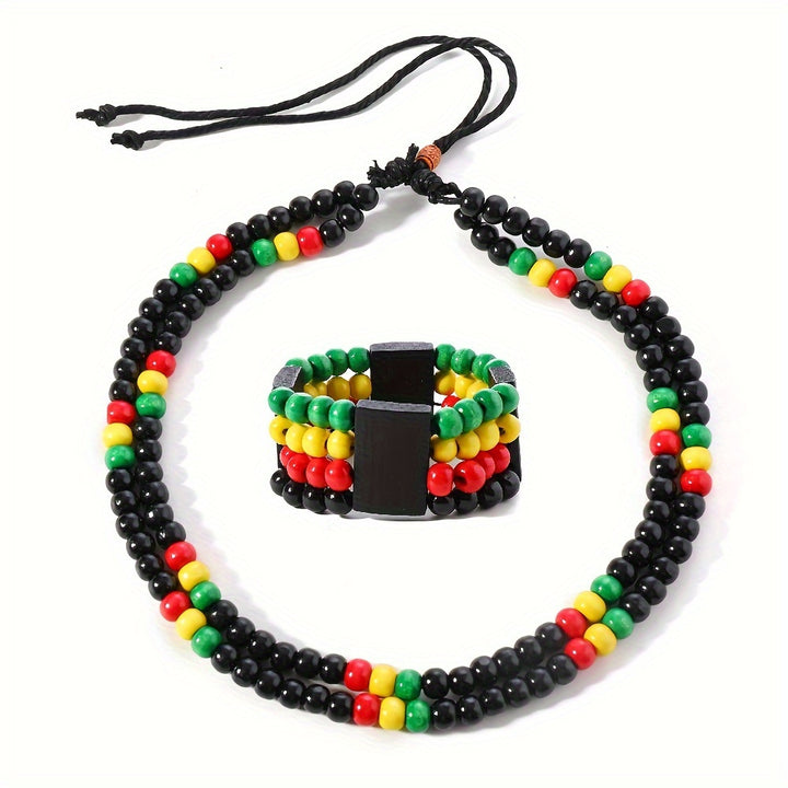 Set of 2 Bohemian Necklaces And Bracelets Featuring Vibrant, Multi-Colored Wooden Beads in Red, Yellow, And Green
