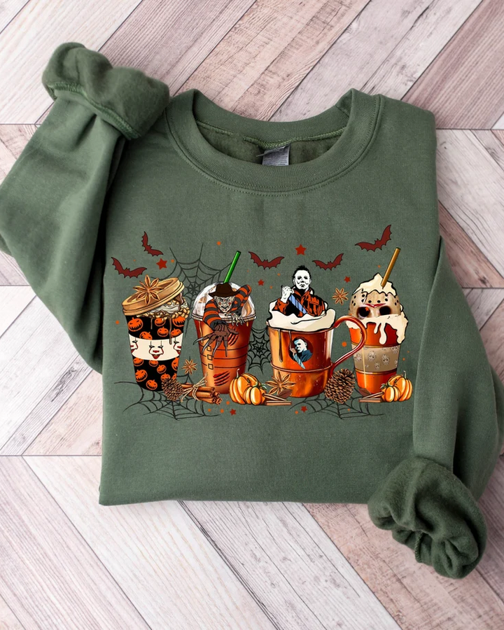 Halloween Skeleton Coffee Cups Cotton Long Sleeve Sweatshirt