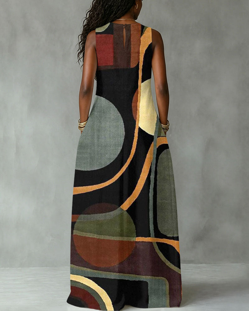 Abstract Geometric Polka Dot Stripes Print Sleeveless Maxi Dress